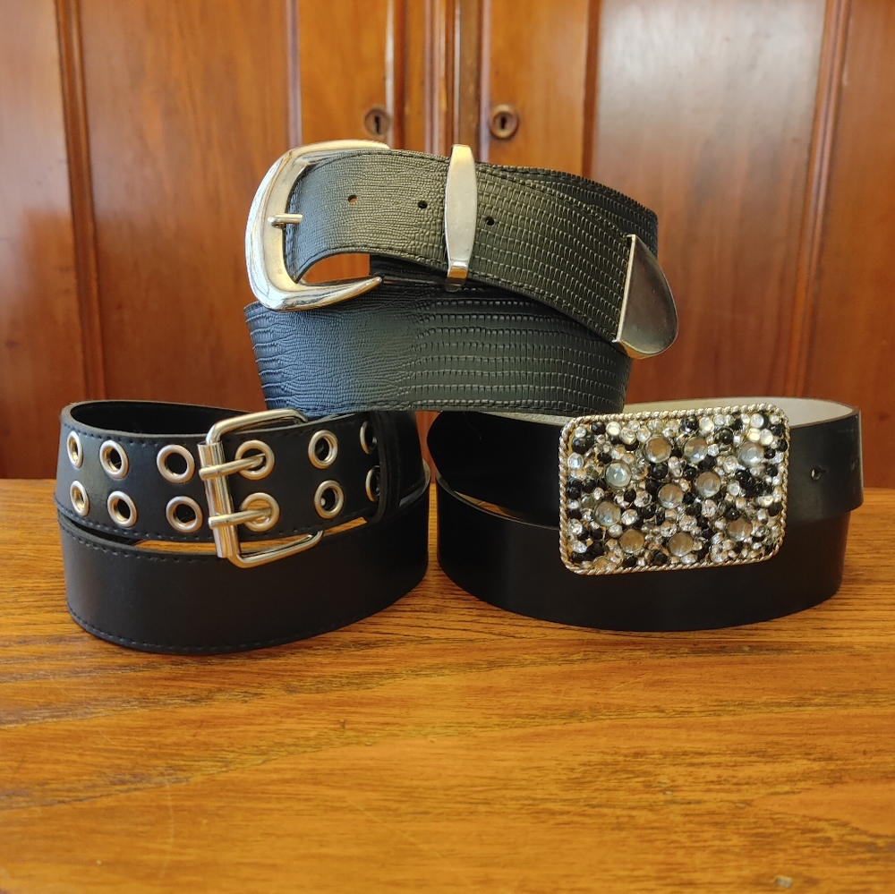 Stylish Black Belt Set with Silver Accents 3 varying 28-38